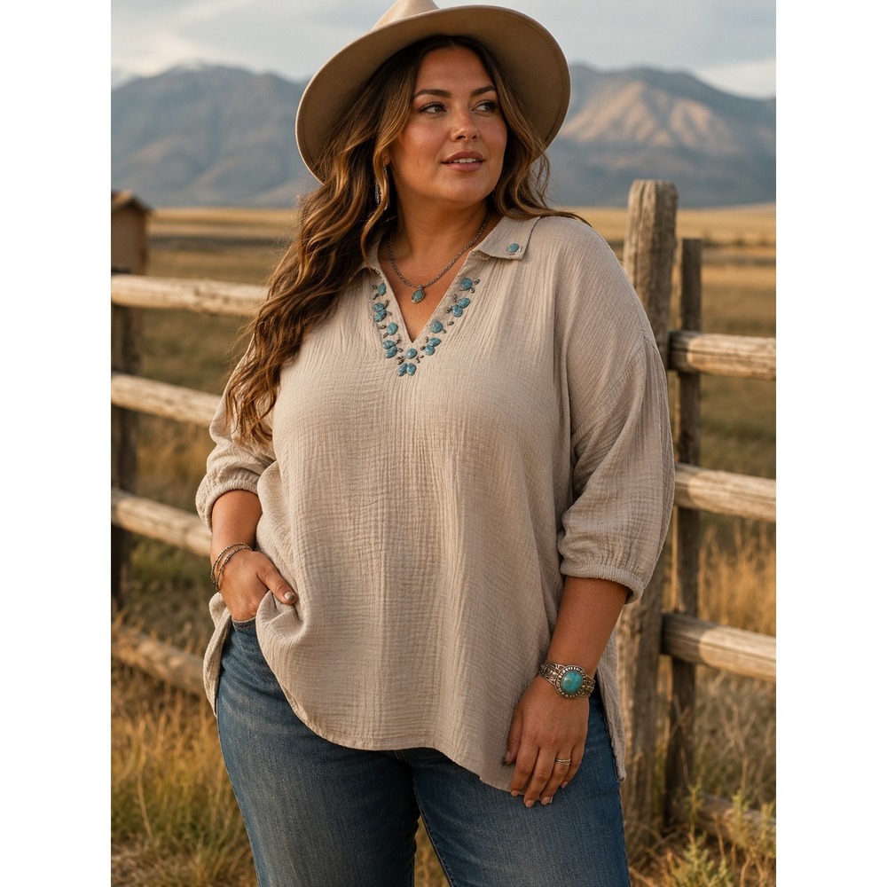 JM Collection 3X Cotton Gauze Top Beige‎ Turquoise Beaded V-Neck Blouse
